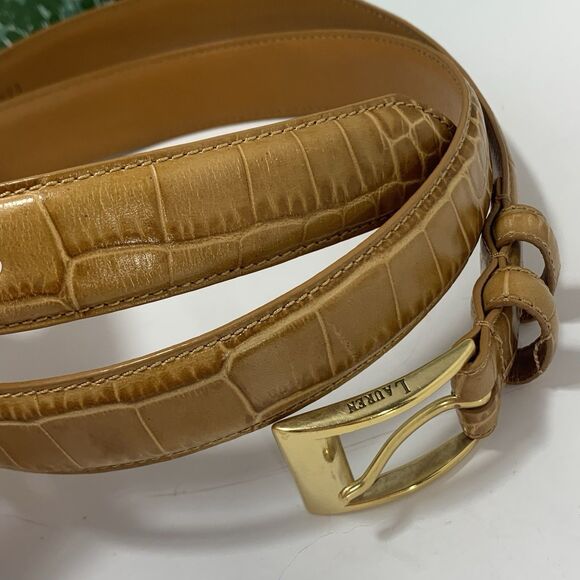 Lauren Ralph Lauren Crocodile Tan Embossed Leather Golden Buckle Size Large